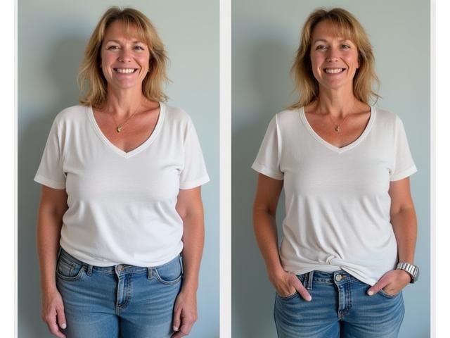 Claudia strahlt nach erfolgreicher Gewichtsreduktion, passend zu ihrem Alter.