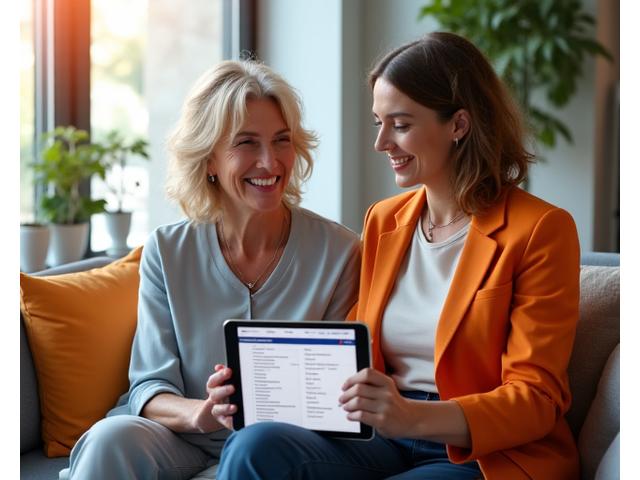 Frau füllt interaktiven Wellness-Check auf dem Tablet aus, im Hintergrund eine Beraterin in freundlicher Atmosphäre.