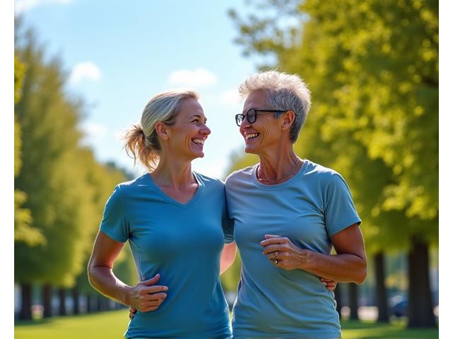 Ein Paar im besten Alter beim gemeinsamen, altersgerechten Fitnesstraining im Park.