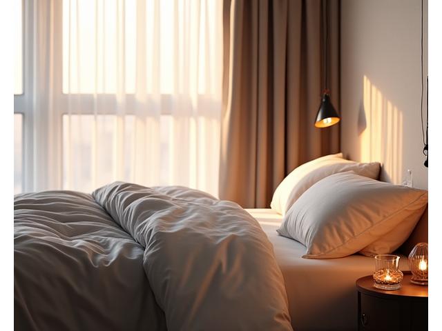 Ruhiges Schlafzimmer bei Sonnenaufgang, mit sanftem Licht und weichen Textilien.