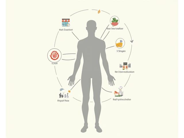 Illustration einer ganzheitlichen Ansicht des menschlichen Körpers mit Diagrammen und Symbolen.