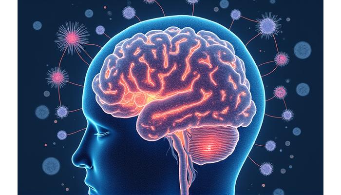 Wissenschaftliche Infografik, die die komplexen Wechselwirkungen des Darm-Mikrobioms mit dem Immunsystem und dem Gehirn darstellt. Mit abstrakten Darstellungen von Neuronen und Immunzellen, die von Mikroorganismen umgeben sind.