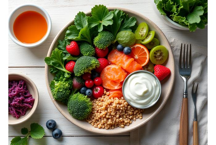 Blick von oben auf einen bunten, gesunden Mahlzeitteller, gefüllt mit frischem Gemüse, Hülsenfrüchten, fermentierten Lebensmitteln wie Kimchi und einer Schale griechischem Joghurt, alles ansprechend und natürlich arrangiert.
