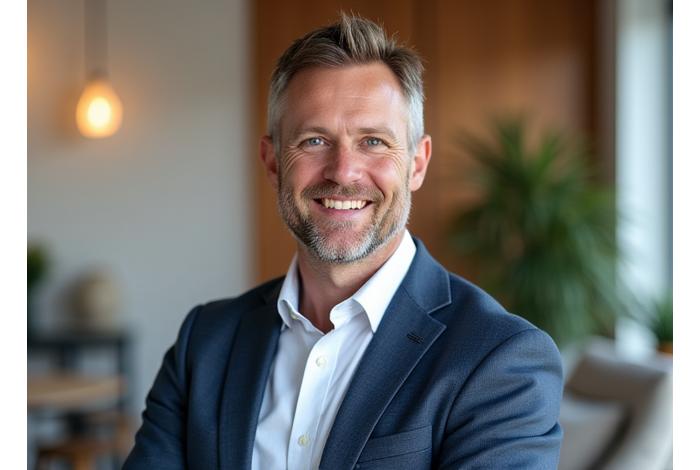 Professionelles Porträt von Markus Schmidt, einem freundlich lächelnden Ernährungsberater mittleren Alters, in einem modernen, hellen Beratungsraum, der Vertrauen und Kompetenz ausstrahlt.