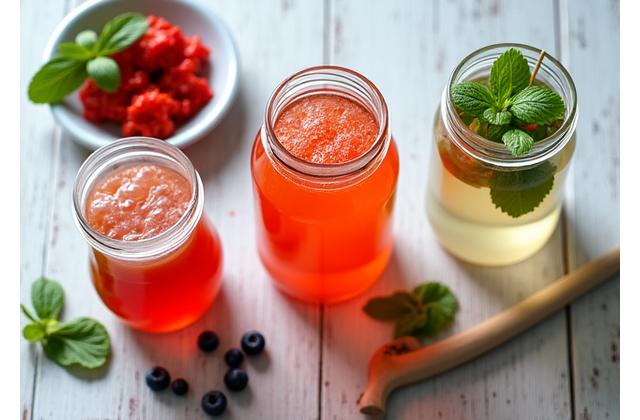 Ein Glas hausgemachter Kefir mit frischer Minze und Beeren, daneben eine kleine Schale Kimchi und eingelegtem Gemüse.