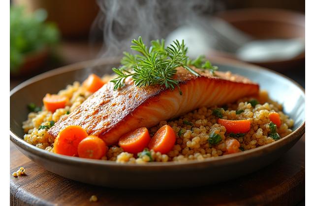 Reichhaltiges Hauptgericht mit Quinoa, geröstetem Gemüse und Lachs, alles frisch zubereitet und dampfend.