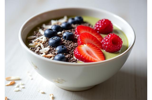 Bunte Probio-Smoothie-Bowl mit frischen Beeren, Chiasamen und Kokosflocken, appetitlich angerichtet.