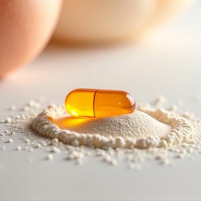 Nahaufnahme einer Kapsel L-Glutamin und etwas Pulver, assoziiert mit einer gesunden Darmbarriere.