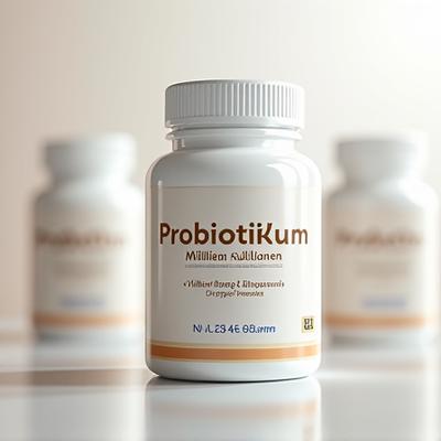 Verpackung eines hochwertigen Probiotikums mit deutlich sichtbarer Anzahl an Kulturen und vielfältigen Stämmen, in einem sauberen, medizinisch anmutenden Ambiente.