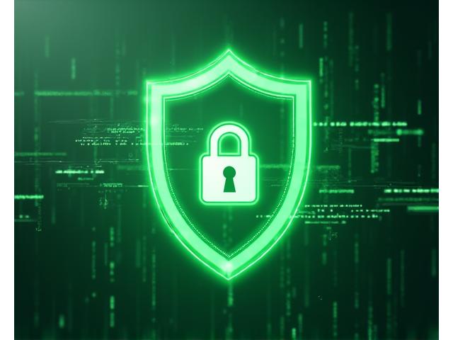 Ein visuelles Symbol, das Datensicherheit und Privatsphäre darstellt: ein grünes Schild mit einem Vorhängeschloss auf einem stilisierten digitalen Hintergrund, umgeben von geschützten Datenpunkten.