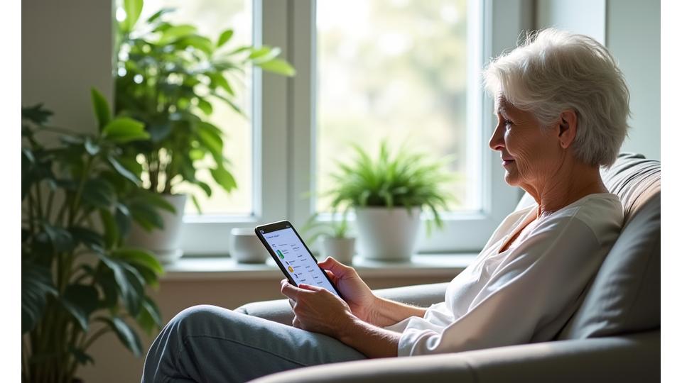 Frau liest fokussiert auf einem Tablet, umgeben von Pflanzen, symbolisiert Wissen und Wohlbefinden