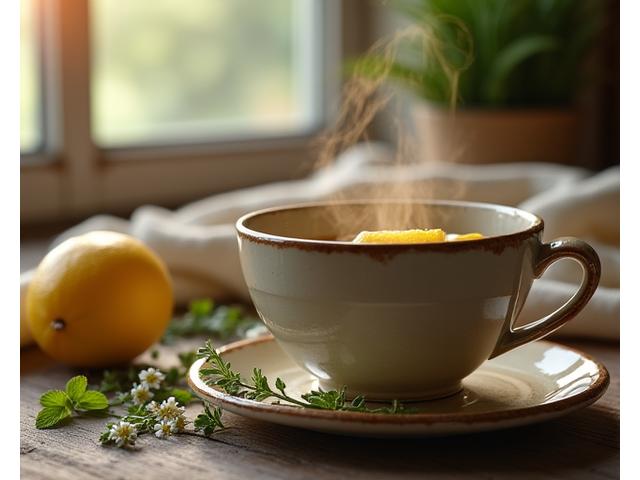 Nahaufnahme einer Tasse Kräutertee mit frischen Kräutern im Vordergrund, symbolisiert Entspannung