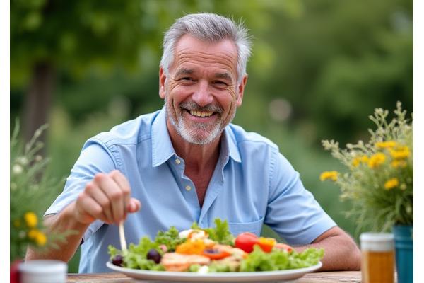 Mann mittleren Alters genießt eine frische, gesunde Mahlzeit im Freien.