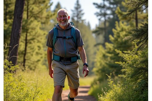Älterer Mann lacht beim Wandern auf einem bewaldeten Pfad.