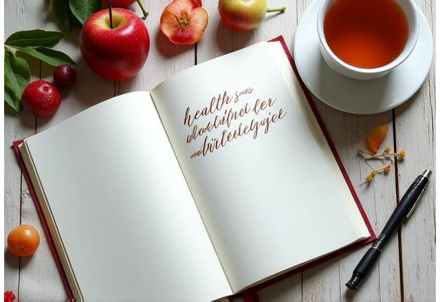 Eine geöffnete Notizbuchseite mit handschriftlichen Notizen zu Gesundheit und Ernährung, daneben frisches Obst und eine Tasse Kräutertee.