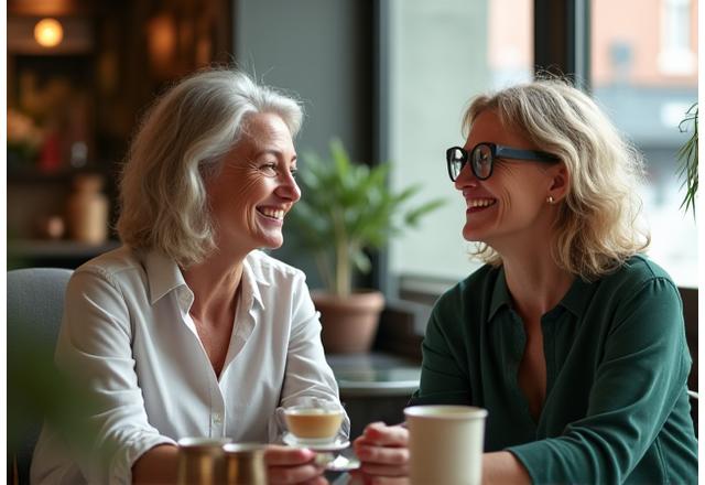 Zwei Frauen mittleren Alters lächeln bei einem entspannten Gespräch in einem gemütlichen Berliner Café, symbolisierend aktive Community-Mitgliedschaft.