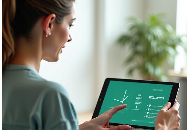 Eine Frau mittleren Alters führt eine persönliche Online-Beratung per Videoanruf auf einem Tablet durch, mit aufmerksamem Ausdruck, der eine individuelle Betreuung und maßgeschneiderte Unterstützung symbolisiert.