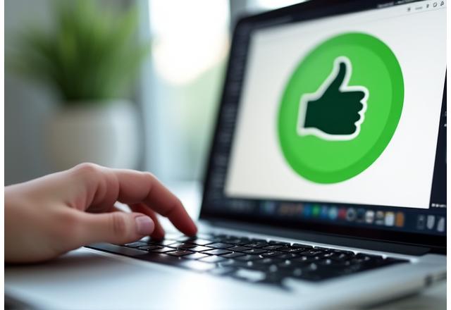 Hand, die auf Laptop-Tastatur tippt, mit einem stilisierten Daumen-hoch-Symbol auf dem Bildschirm, das aktives Feedback und positiven Austausch darstellt.