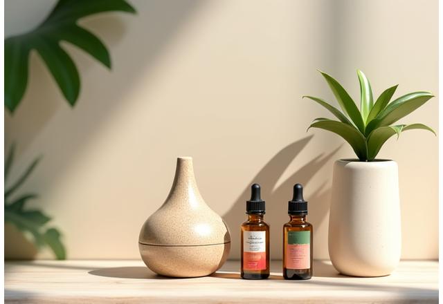 Eine sorgfältig arrangierte Auswahl an hochwertigen Wellness-Produkten: eine Aromaöl-Flasche, ein Stein-Diffusor und eine kleine Pflanze auf einem Holztisch.
