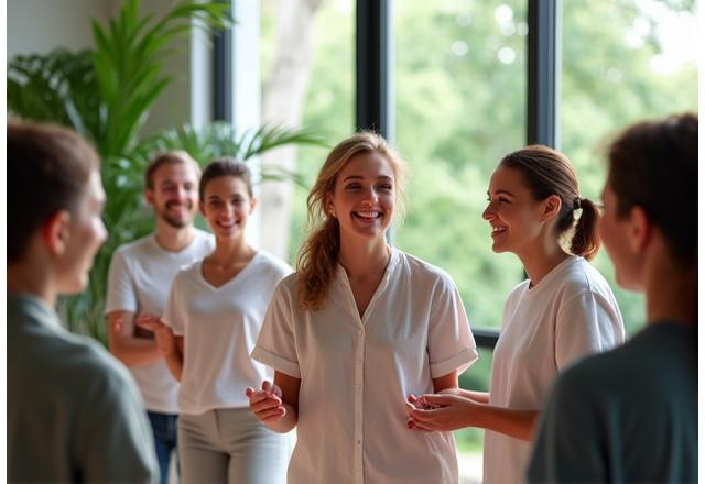 Gruppe von Erwachsenen mittleren Alters lacht und interagiert während eines interaktiven Wellness-Workshops in einem hellen, modernen Raum mit viel Grün, der Wissenstransfer und Gemeinschaft symbolisiert.