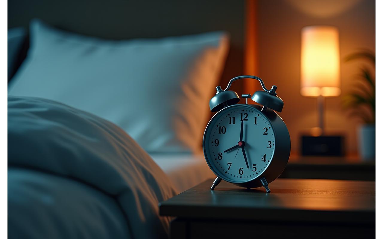 Nahaufnahme einer Uhr auf einem Nachttisch mit sanftem Licht und weicher Bettwäsche im Hintergrund, die erholsamen Schlaf symbolisiert.