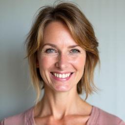 Porträt von Petra, 45 Jahre alt, strahlend und selbstbewusst.