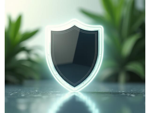 Ein stilisiertes Schild-Symbol vor einem diffusen, unscharfen Hintergrund, der Komplexität andeutet, und es mit einem Haken versieht, was Schutz und Klarheit darstellt.