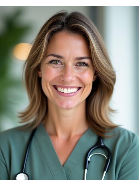Porträt von Dr. Sarah Weber, einer freundlich lächelnden Ärztin für Schlafmedizin, in einer ruhigen, professionellen Umgebung.