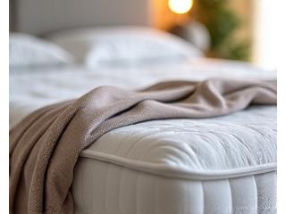 Hochwertige Matratze auf einem Bett mit weichen Kissen, in einem beruhigenden Schlafzimmer.