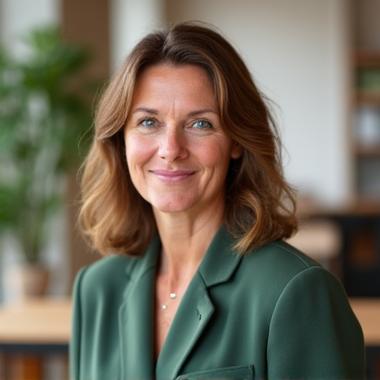 Authentisches Porträt von Lisa Hoffmann, einer warmherzigen, vertrauenswürdigen Coachin in professioneller, aber offener Haltung.