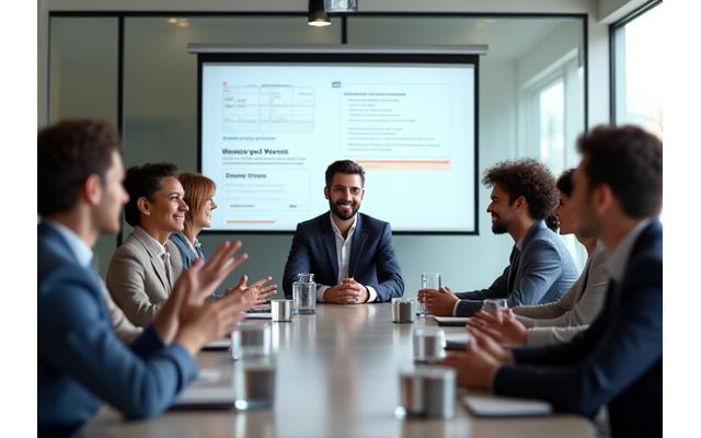 Ein modernes Business-Meeting mit lachenden, engagierten Fachkräften, die an einem Workshop teilnehmen und interagieren.