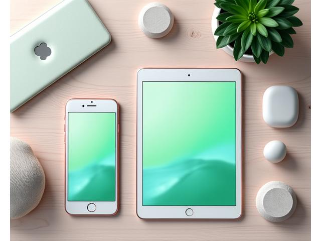 Eine Reihe von Smartphones und Tablets, die verschiedene Meditations- und Produktivitäts-Apps anzeigen, auf einem modernen Schreibtisch.
