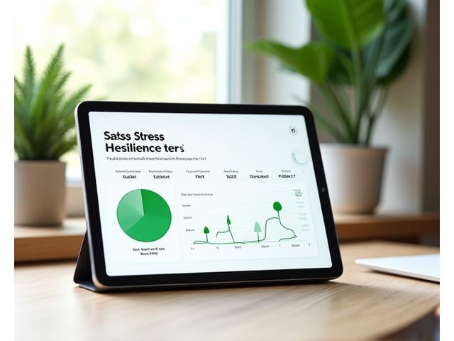 Professionelles Stress-Assessment-Tool mit Grafiken und Nutzerinterface auf einem Tablet, umgeben von ruhigen Büropflanzen.
