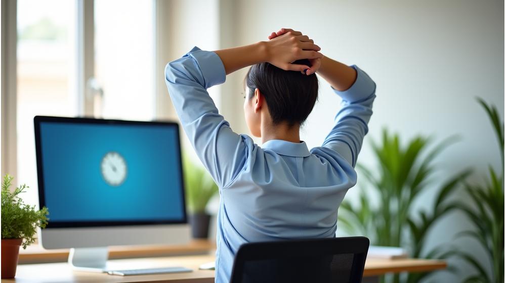 Ein Mitarbeiter macht eine kurze Dehnübung am Schreibtisch in einem modernen, hellen Büro, mit einem Timer auf seinem Bildschirm.