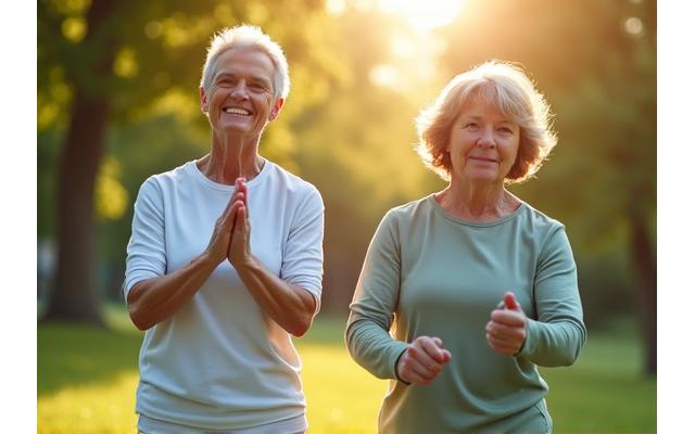 Ein Paar im mittleren Alter beim leichten Workout im Freien, die Pose passt zu Übungen für Flexibilität und Balance.