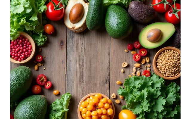 Frische, bunte Lebensmittel wie Gemüse, Obst, Nüsse und Samen appetitlich auf einem Holztisch arrangiert.