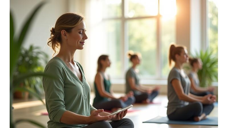 Frau meditiert während eines Online-Kurses auf einem Tablet, während ein Yogalehrer im Hintergrund spricht, umgeben von Pflanzen und ruhigen Farben.